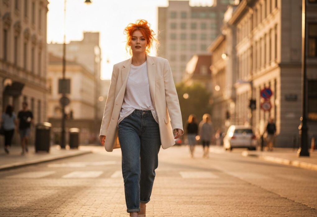 Młoda kobieta w jeansach boyfriend i białej koszulce z luźną marynarką spaceruje po ulicy miasta.