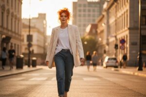 Młoda kobieta w jeansach boyfriend i białej koszulce z luźną marynarką spaceruje po ulicy miasta.