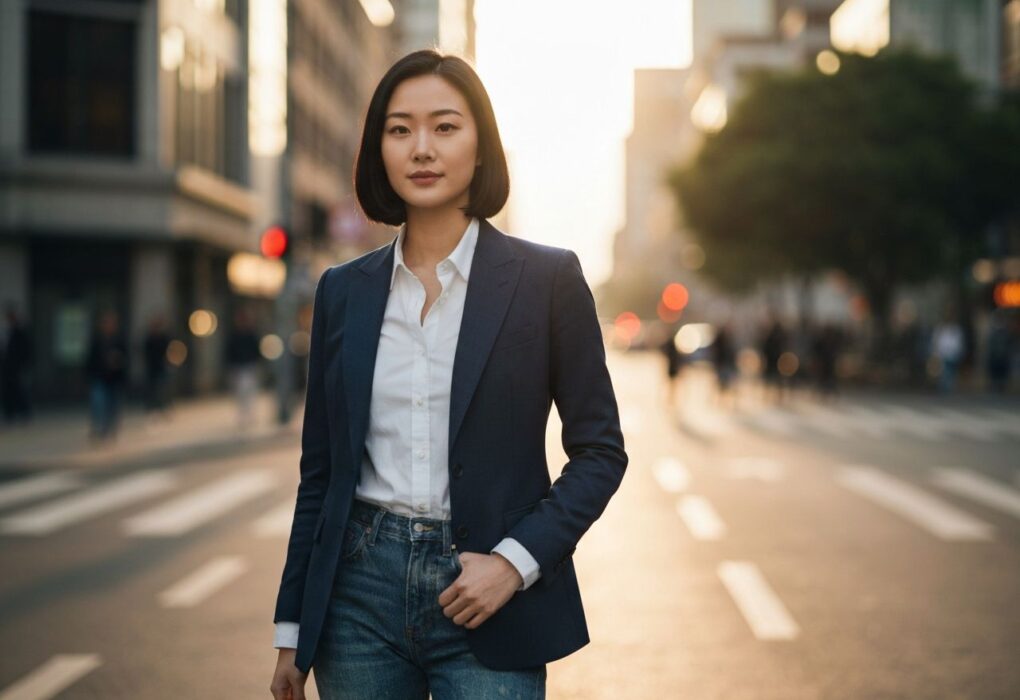 Kobieta w marynarce i białej koszuli stoi na miejskiej ulicy podczas złotej godziny.