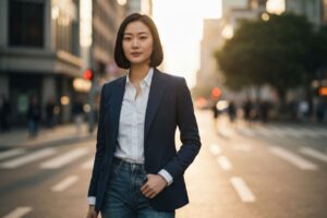 Kobieta w marynarce i białej koszuli stoi na miejskiej ulicy podczas złotej godziny.