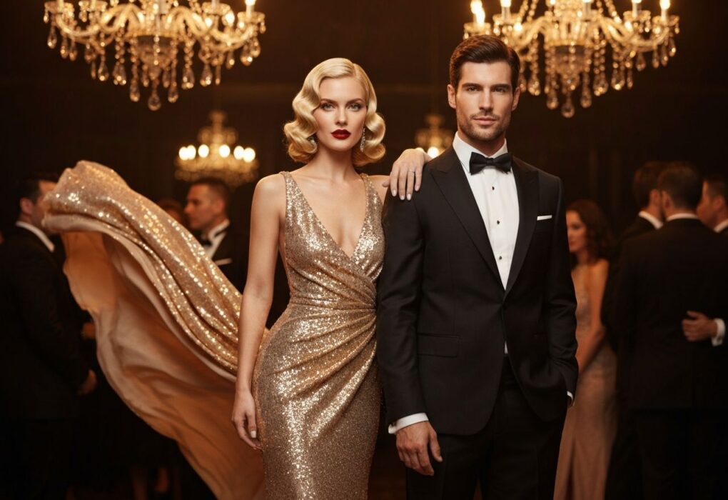 Elegancka para w wieczorowych strojach na luksusowej imprezie w stylu Hollywood pod kryształowym żyrandolem