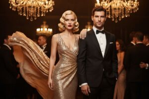 Elegancka para w wieczorowych strojach na luksusowej imprezie w stylu Hollywood pod kryształowym żyrandolem