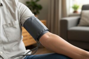 Osoba w jasnej koszuli z mankietem podwiniętym mierzy ciśnienie krwi za pomocą ciśnieniomierza na ramieniu