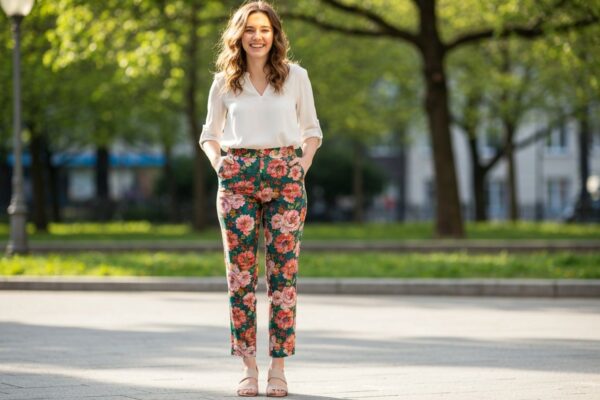 Młoda kobieta w kwiatowych spodniach i białej bluzce stoi w miejskim parku na wiosnę.