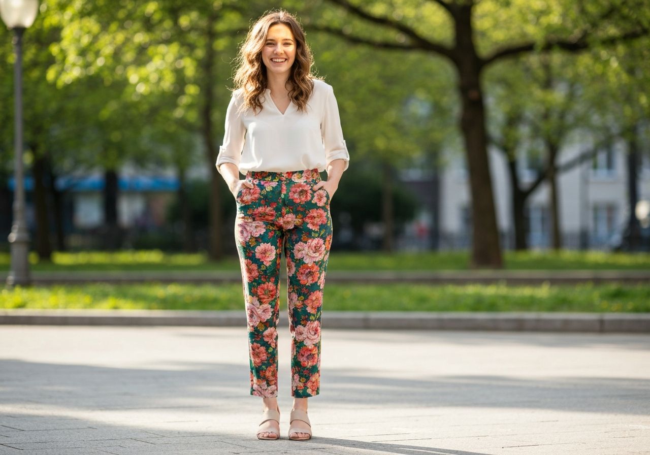Młoda kobieta w kwiatowych spodniach i białej bluzce stoi w miejskim parku na wiosnę.