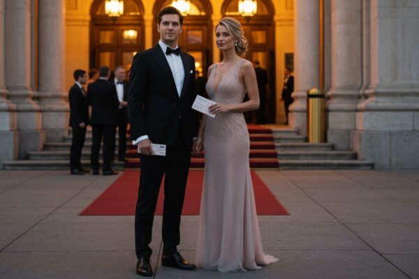 Para w eleganckich strojach stoi przed operą o zmierzchu, trzymając bilety na tle czerwonego dywanu.