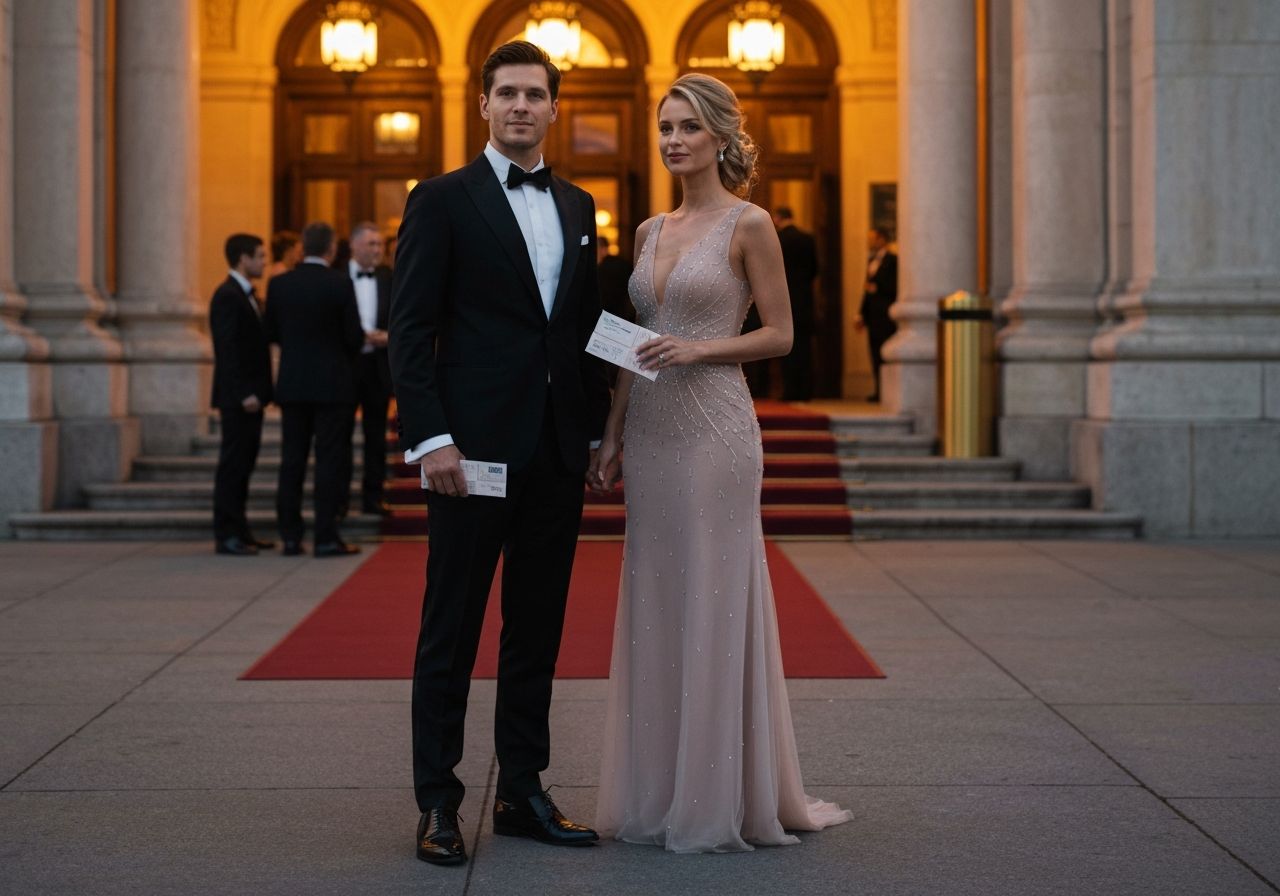 Para w eleganckich strojach stoi przed operą o zmierzchu, trzymając bilety na tle czerwonego dywanu.