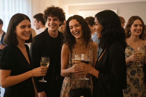 Grupa młodych osób w modnych ubraniach na imprezie w ciepłym, przyjaznym wnętrzu.