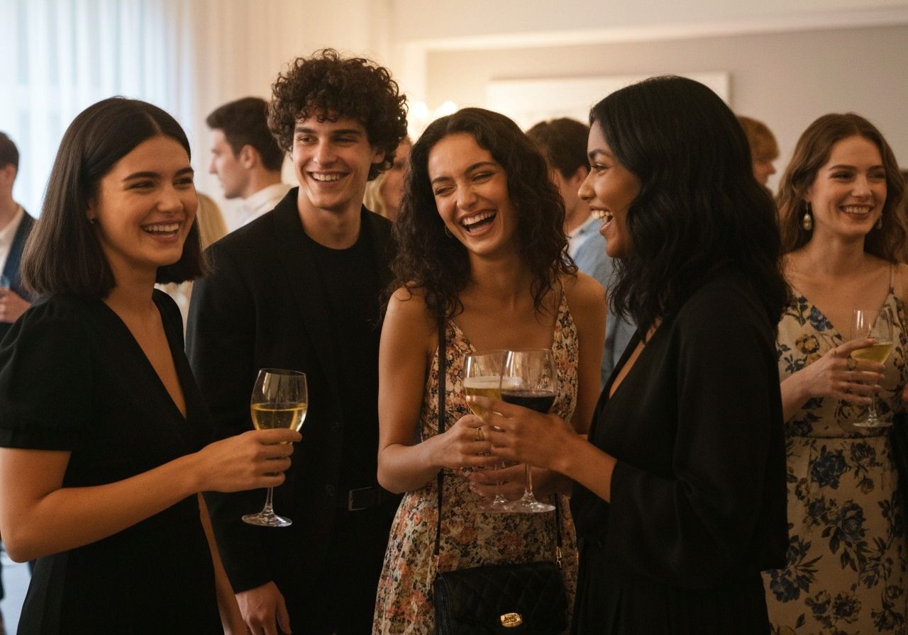 Grupa młodych osób w modnych ubraniach na imprezie w ciepłym, przyjaznym wnętrzu.