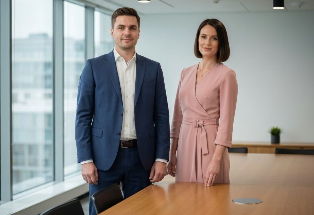 Profesjonalni mężczyzna i kobieta stojący w nowoczesnej sali konferencyjnej w ubraniach smart casual