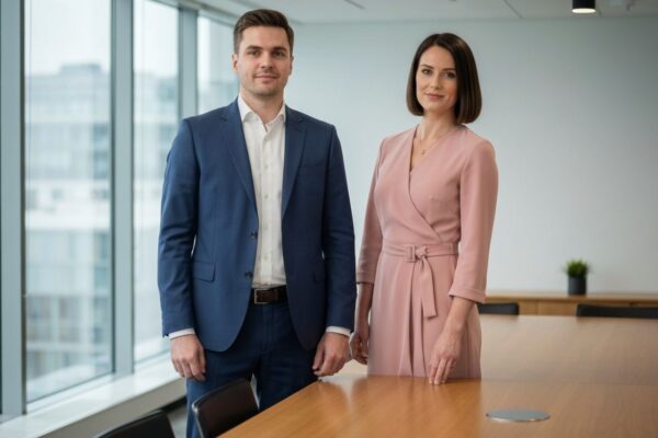 Profesjonalni mężczyzna i kobieta stojący w nowoczesnej sali konferencyjnej w ubraniach smart casual