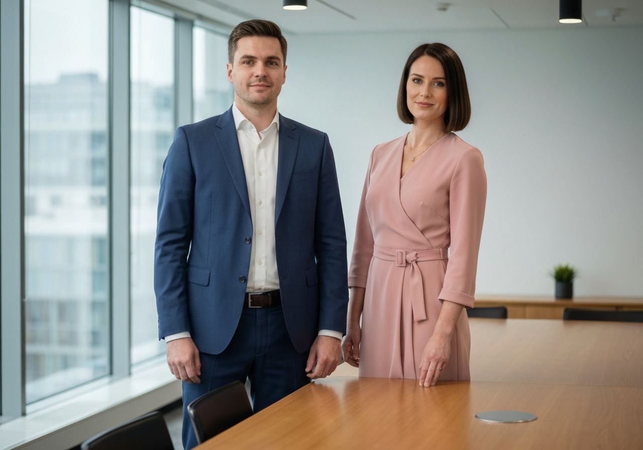 Profesjonalni mężczyzna i kobieta stojący w nowoczesnej sali konferencyjnej w ubraniach smart casual