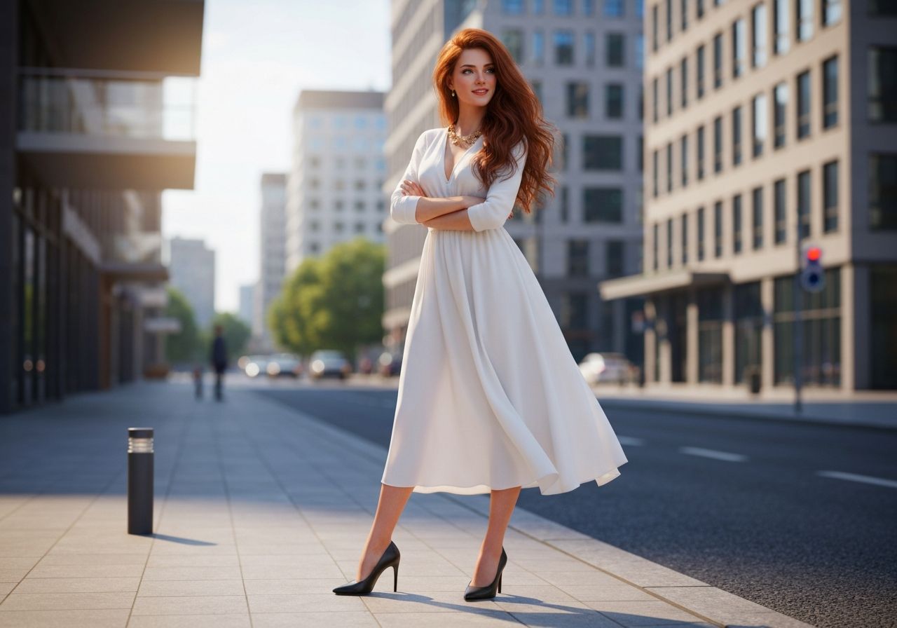 Młoda kobieta w białej sukience i czarnych szpilkach stoi na miejskiej ulicy, uśmiechając się lekko na boki.