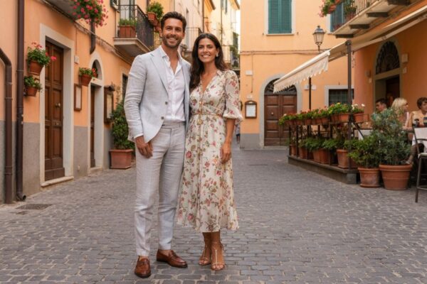 Stylowa włoska para na brukowanej ulicy z pastelowymi budynkami w tle podczas złotej godziny.