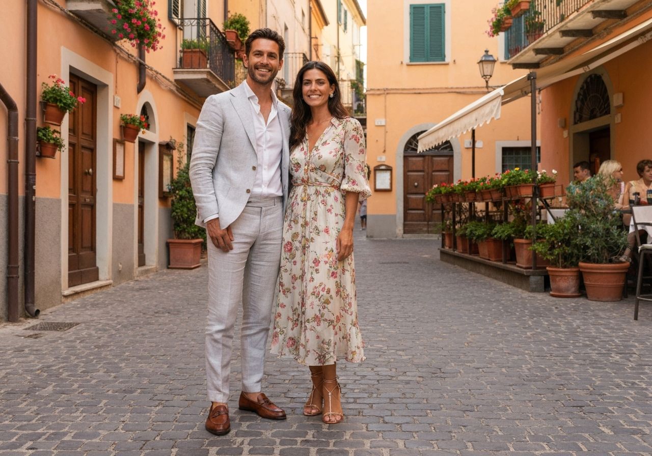 Stylowa włoska para na brukowanej ulicy z pastelowymi budynkami w tle podczas złotej godziny.