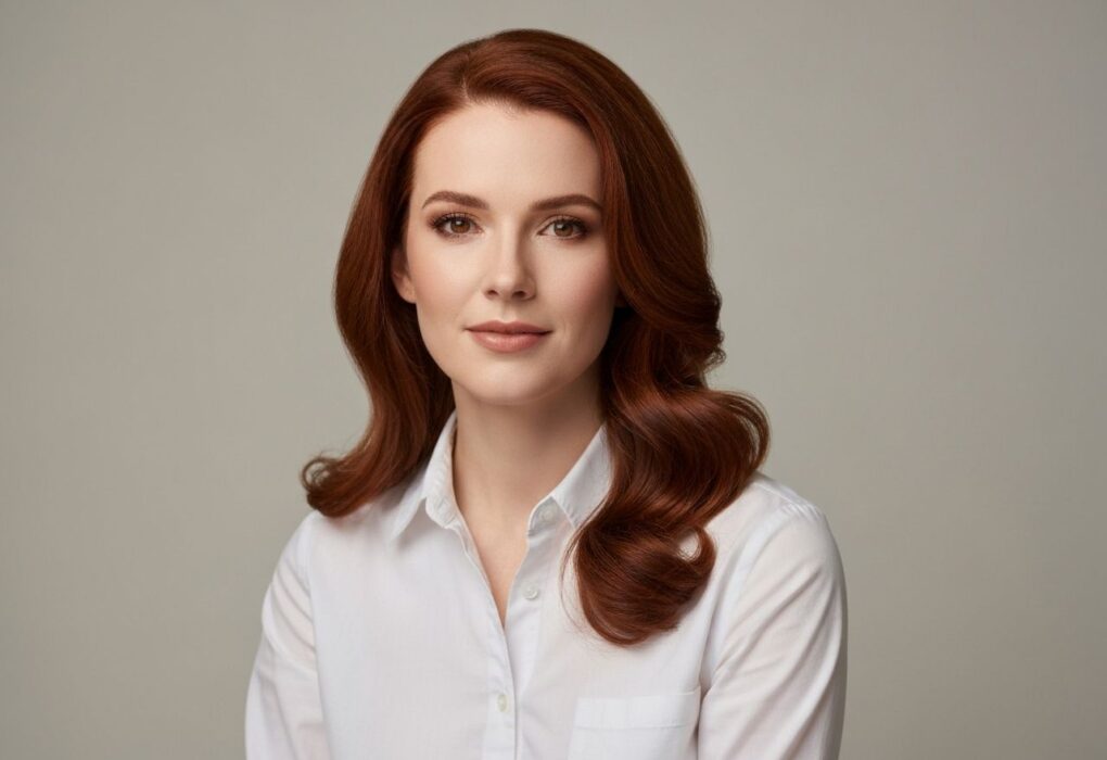 Młoda kobieta w białej koszuli na jasnym tle, naturalny wygląd, zdjęcie portretowe wysokiej jakości.