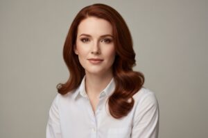 Młoda kobieta w białej koszuli na jasnym tle, naturalny wygląd, zdjęcie portretowe wysokiej jakości.