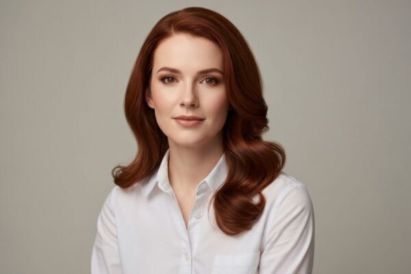 Młoda kobieta w białej koszuli na jasnym tle, naturalny wygląd, zdjęcie portretowe wysokiej jakości.