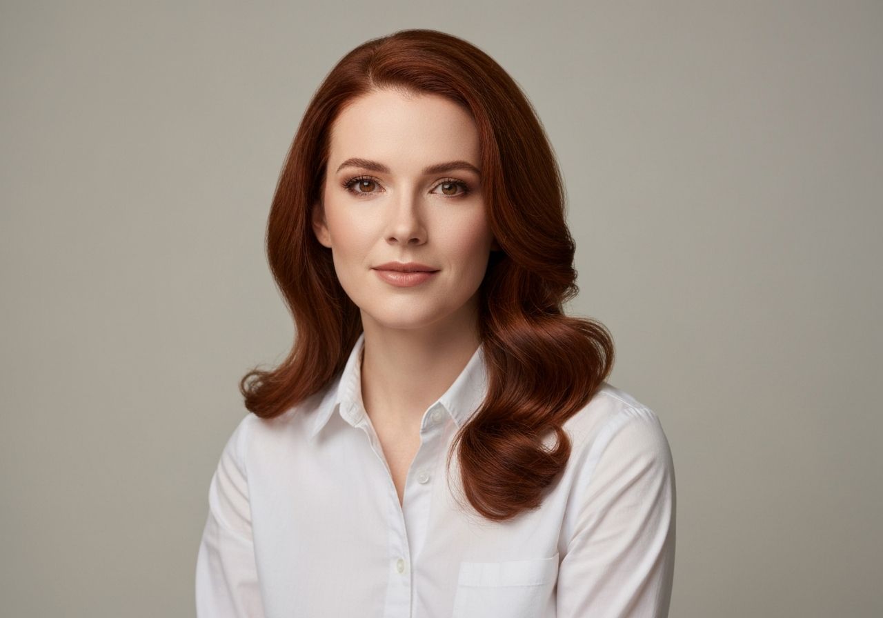 Młoda kobieta w białej koszuli na jasnym tle, naturalny wygląd, zdjęcie portretowe wysokiej jakości.