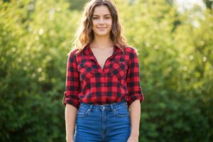 Młoda kobieta w czerwono-czarnej koszuli i jeansach stoi na tle zieleni, uśmiecha się, naturalne światło.