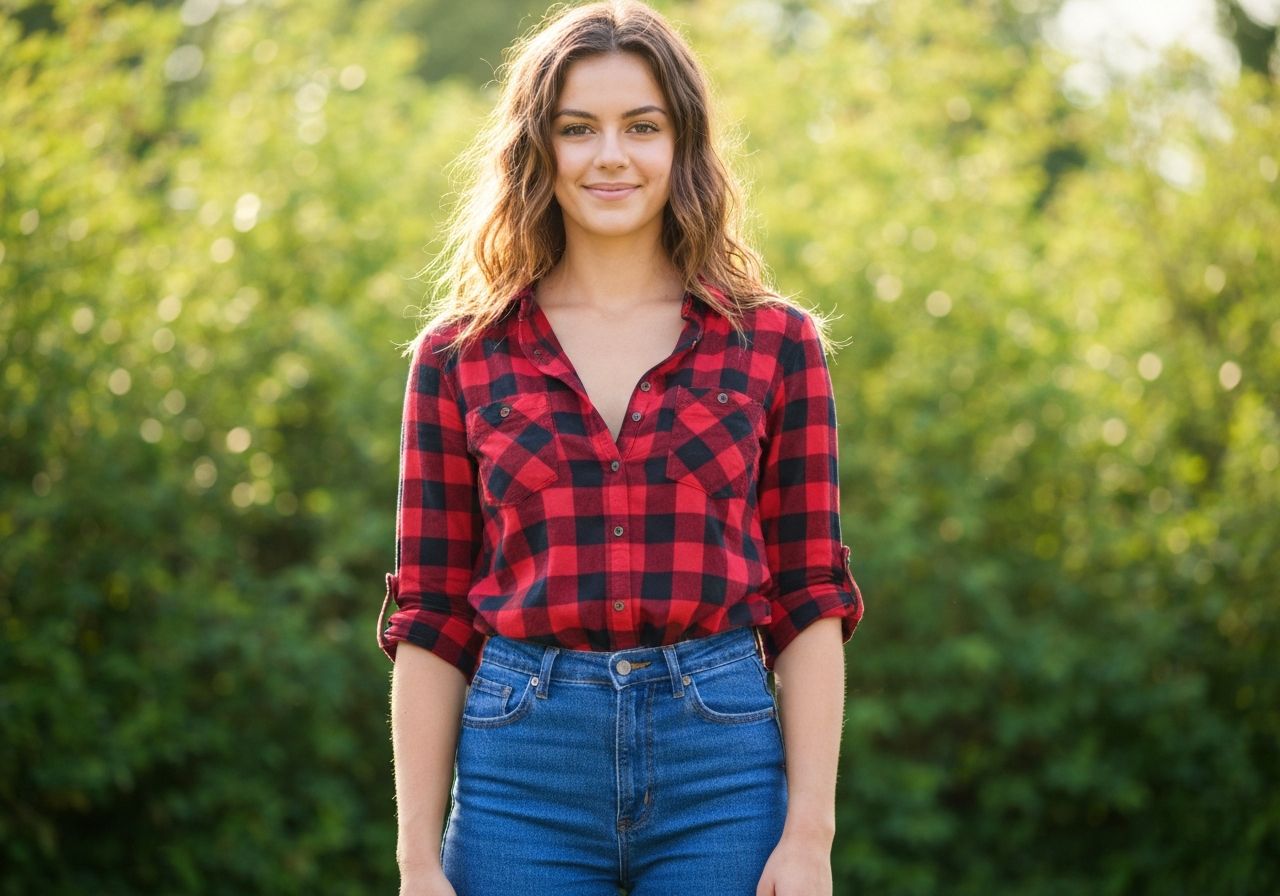 Młoda kobieta w czerwono-czarnej koszuli i jeansach stoi na tle zieleni, uśmiecha się, naturalne światło.