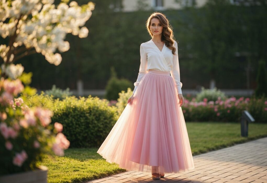 Kobieta w pastelowej spódnicy i białej bluzce stoi w miejskim ogrodzie oświetlona ciepłym światłem.