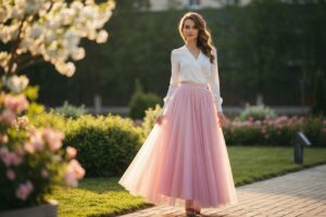 Kobieta w pastelowej spódnicy i białej bluzce stoi w miejskim ogrodzie oświetlona ciepłym światłem.