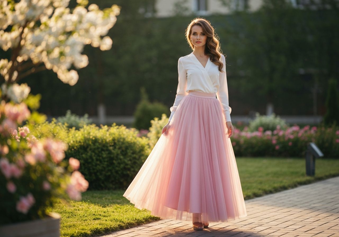 Kobieta w pastelowej spódnicy i białej bluzce stoi w miejskim ogrodzie oświetlona ciepłym światłem.