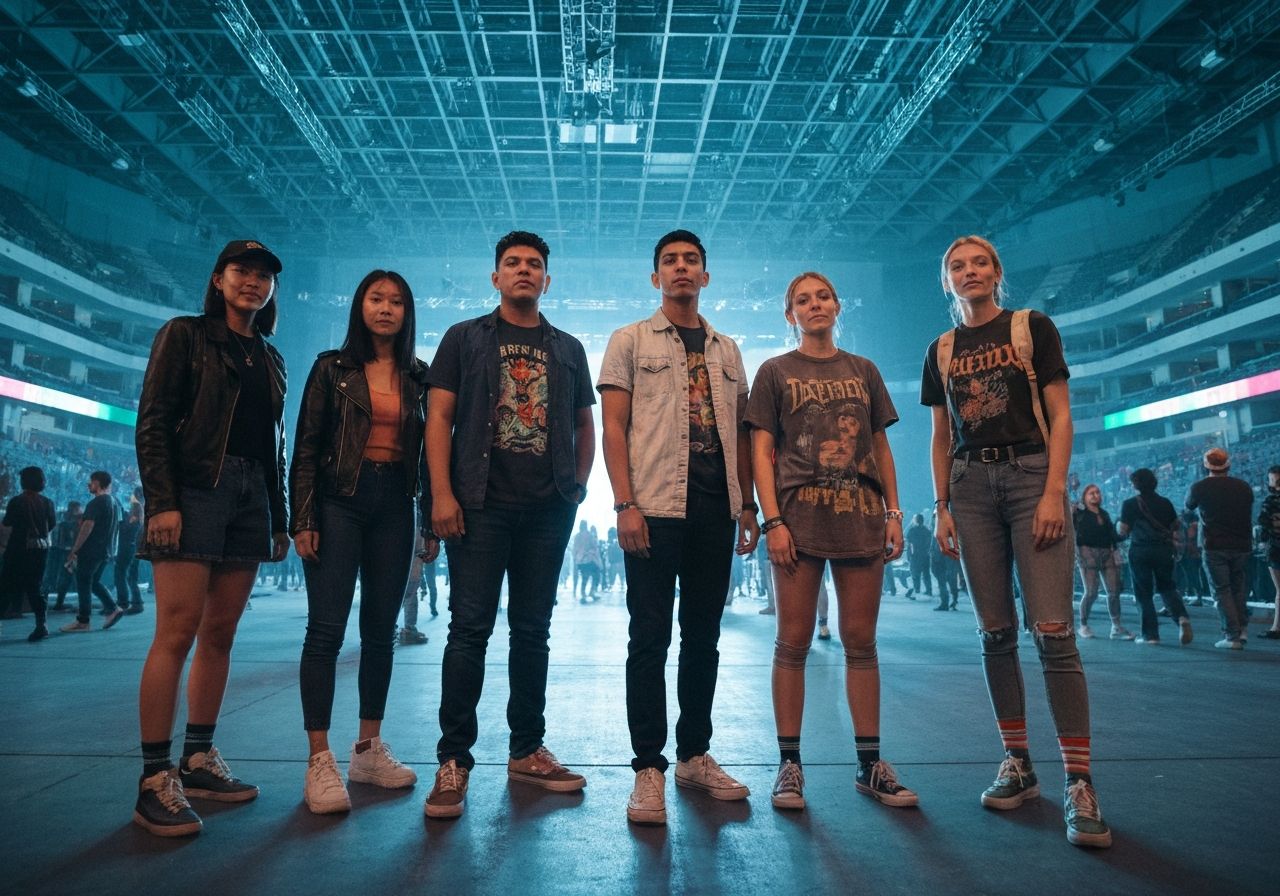 Grupa młodych osób w casualowych strojach stojąca na koncercie w nowoczesnej hali wyborczo