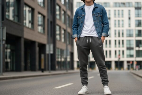 Młoda osoba w casualowej stylizacji z dżinsową kurtką stoi na miejskiej ulicy w naturalnym świetle