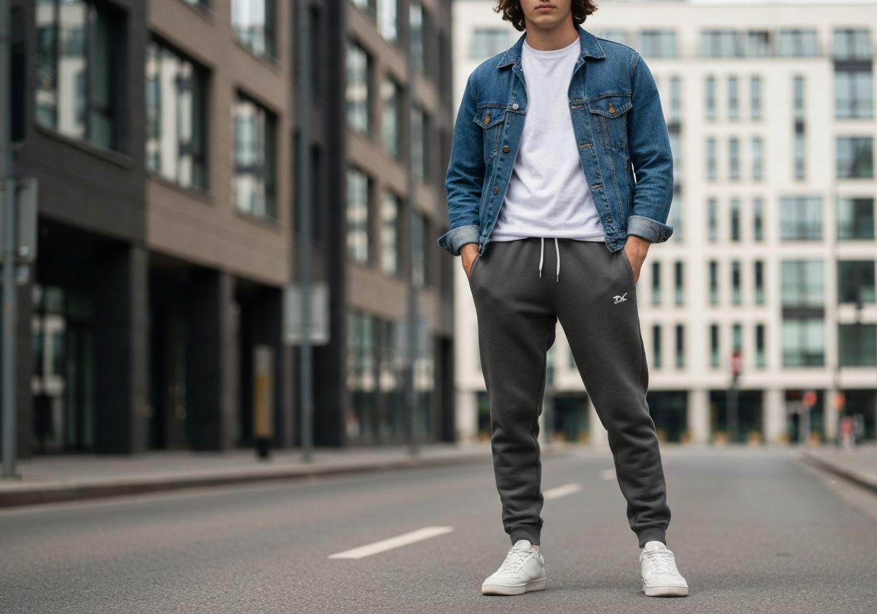 Młoda osoba w casualowej stylizacji z dżinsową kurtką stoi na miejskiej ulicy w naturalnym świetle