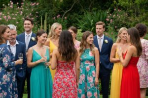 Grupa gości weselnych na letnim przyjęciu w ogrodzie, rozmawiających i uśmiechających się w świetle dziennym