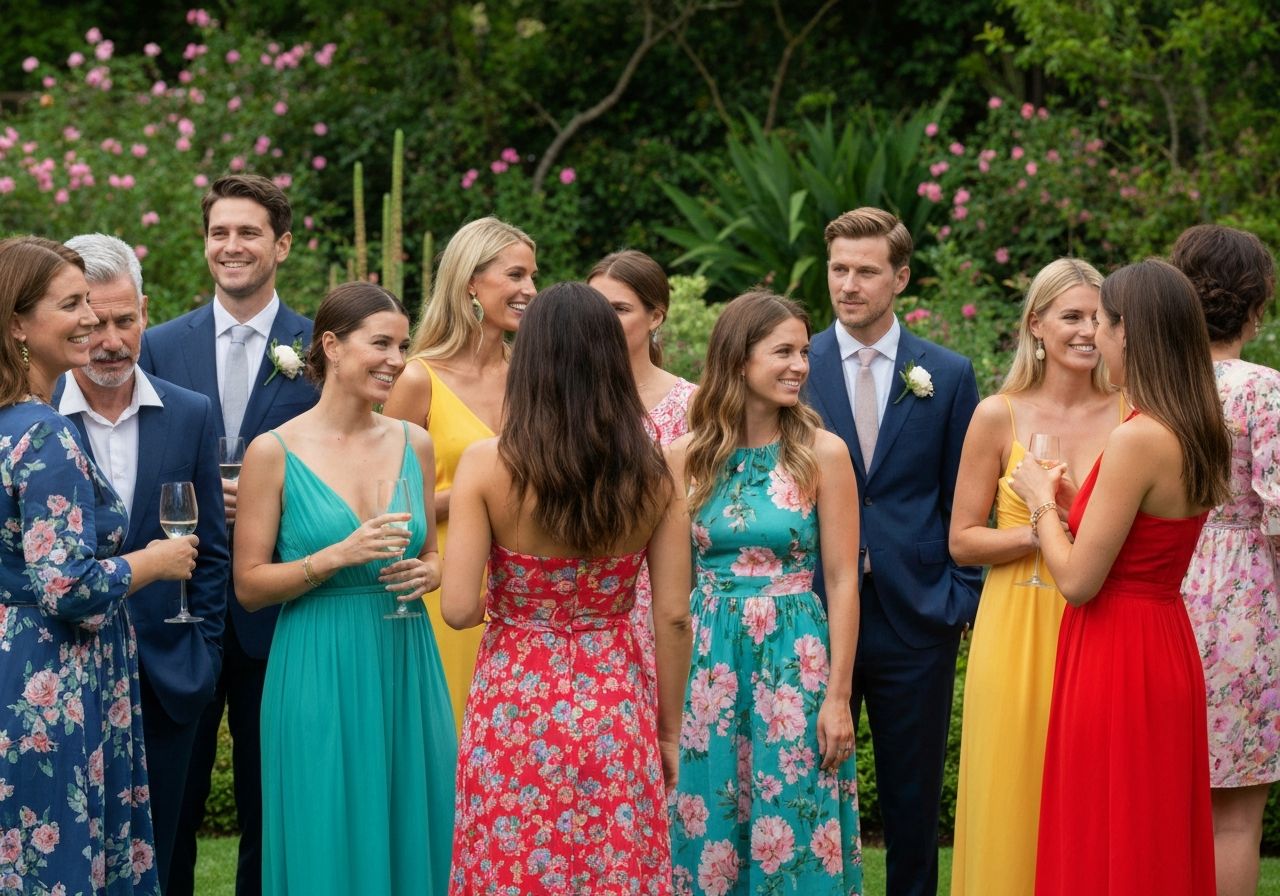 Grupa gości weselnych na letnim przyjęciu w ogrodzie, rozmawiających i uśmiechających się w świetle dziennym