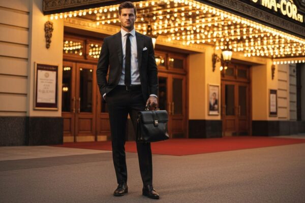 Mężczyzna w garniturze stoi przed teatrem z teczką, na tle czerwonego dywanu i iluminacji wejścia.