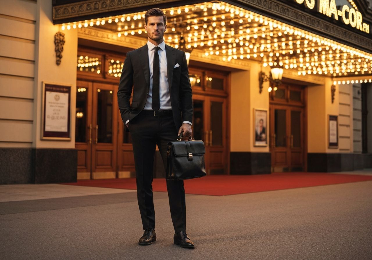 Mężczyzna w garniturze stoi przed teatrem z teczką, na tle czerwonego dywanu i iluminacji wejścia.