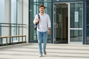 Uczeń wchodzący do szkoły w casualowym ubraniu z plecakiem na ramieniu w świetle dziennym