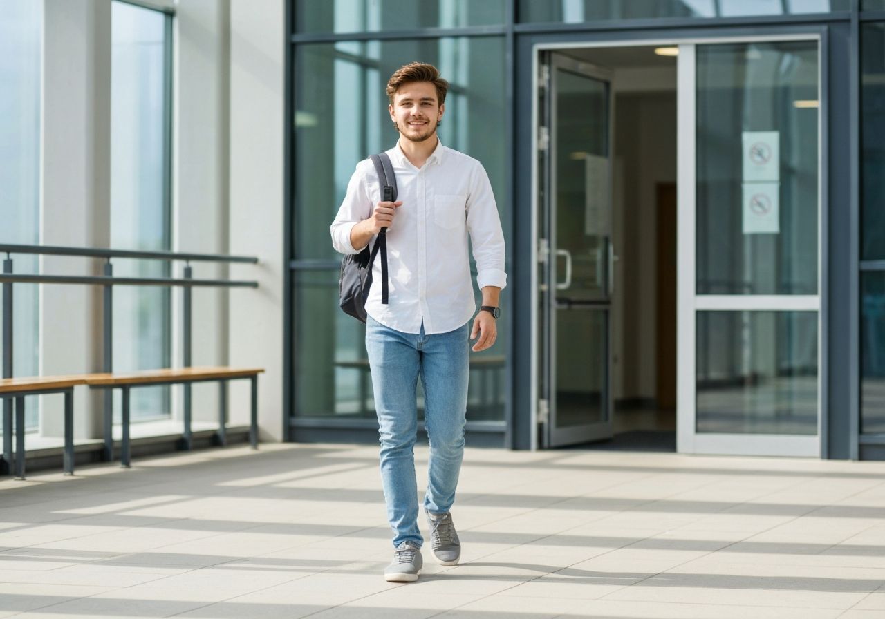Uczeń wchodzący do szkoły w casualowym ubraniu z plecakiem na ramieniu w świetle dziennym