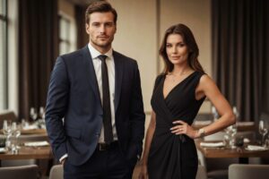 Mężczyzna w granatowym garniturze i kobieta w czarnej sukience stoją w eleganckiej restauracji na tle stołów.