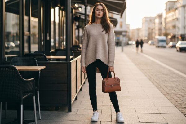 Młoda kobieta w czarnych legginsach i beżowym swetrze stoi przy kawiarni w miejskiej scenerii oświetlonej zachodem słońca