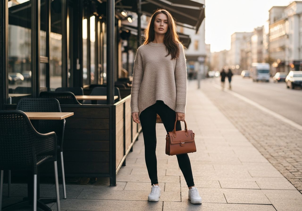 Młoda kobieta w czarnych legginsach i beżowym swetrze stoi przy kawiarni w miejskiej scenerii oświetlonej zachodem słońca