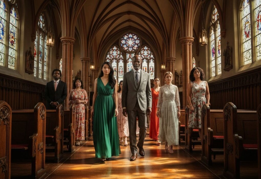 Różnorodna grupa ludzi w eleganckich strojach wchodzi do tradycyjnego kościoła z witrażami