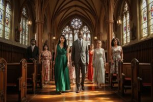 Różnorodna grupa ludzi w eleganckich strojach wchodzi do tradycyjnego kościoła z witrażami