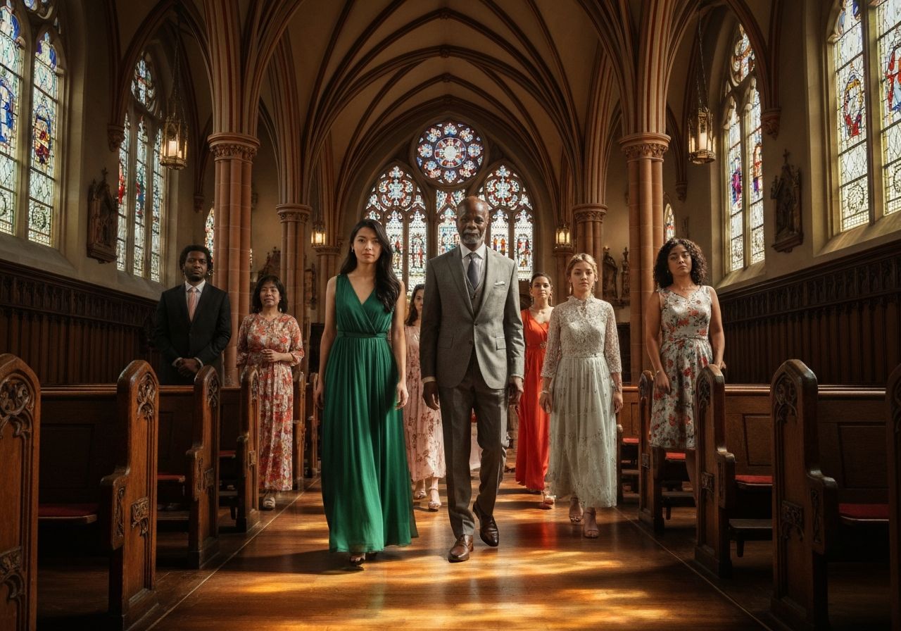 Różnorodna grupa ludzi w eleganckich strojach wchodzi do tradycyjnego kościoła z witrażami