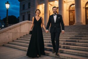 Para w eleganckim stroju wchodzi po schodach do filharmonii podczas wieczoru