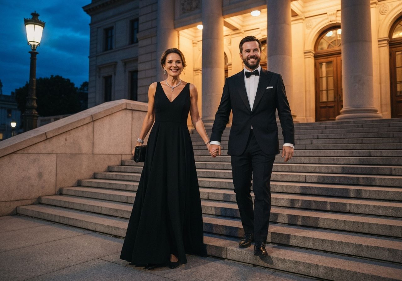 Para w eleganckim stroju wchodzi po schodach do filharmonii podczas wieczoru