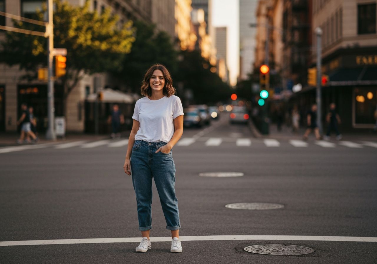 Młoda kobieta w boyfriend jeans i białym t-shircie stoi na ulicy miasta podczas złotej godziny.