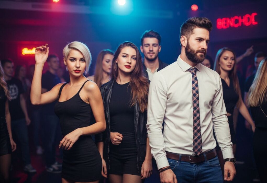 Młodzi ludzie w klubie tańczą i bawią się przy kolorowych neonach w dynamicznej, wieczornej atmosferze.