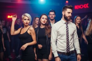 Młodzi ludzie w klubie tańczą i bawią się przy kolorowych neonach w dynamicznej, wieczornej atmosferze.