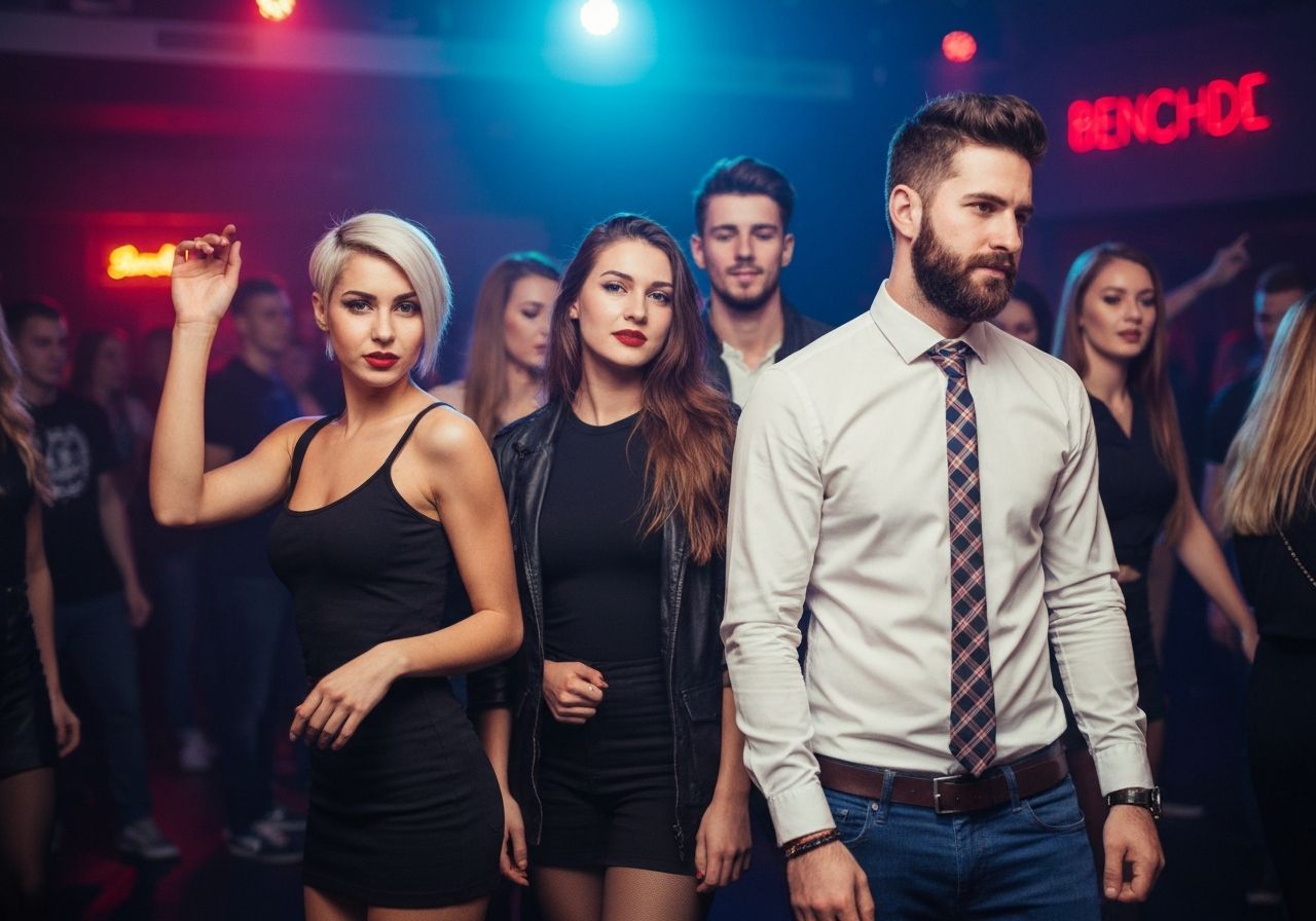 Młodzi ludzie w klubie tańczą i bawią się przy kolorowych neonach w dynamicznej, wieczornej atmosferze.