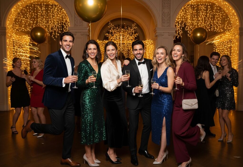 Grupa młodych ludzi na eleganckiej imprezie sylwestrowej z dekoracjami i szampanem w rękach